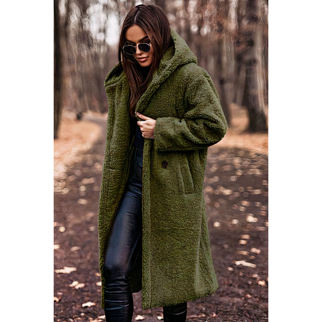 Women's Long Teddy Coat with Hood, Green – front view