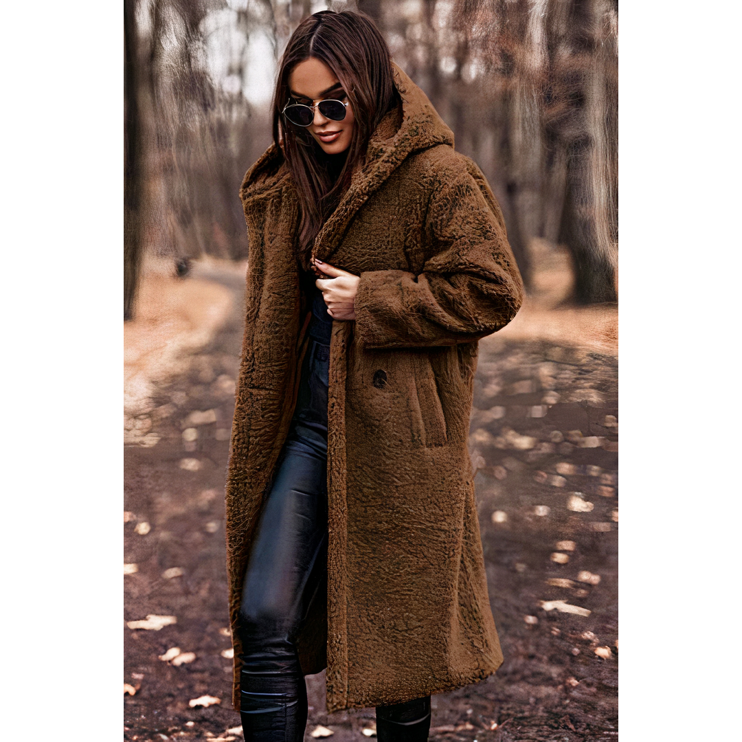 Women's Long Teddy Coat with Hood, Brown – front view