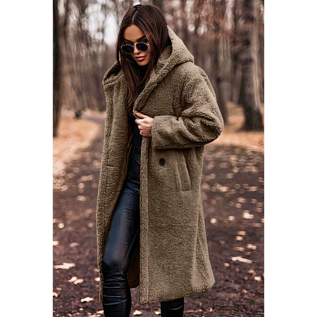 Women's Long Teddy Coat with Hood, Khaki – front view