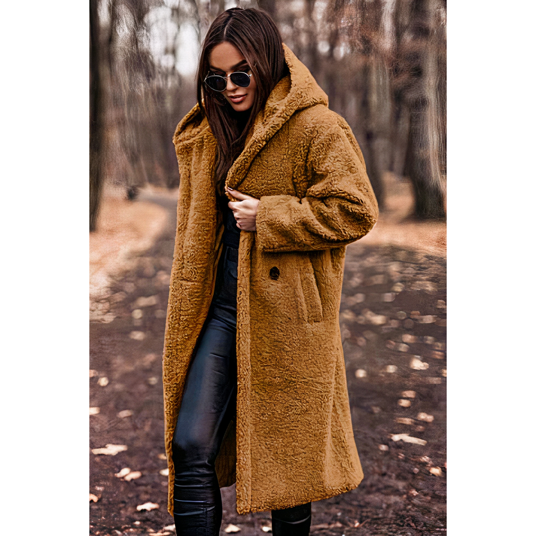 Women's Long Teddy Coat with Hood, Camel – front view