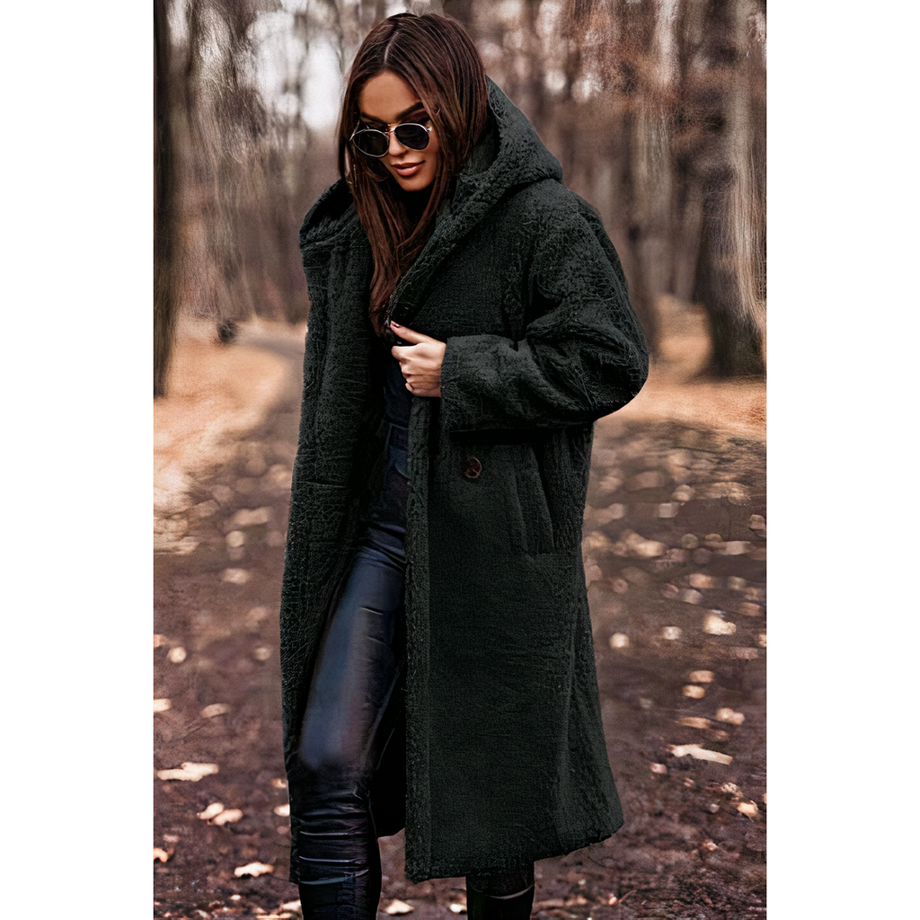 Women's Long Teddy Coat with Hood, Black – front view