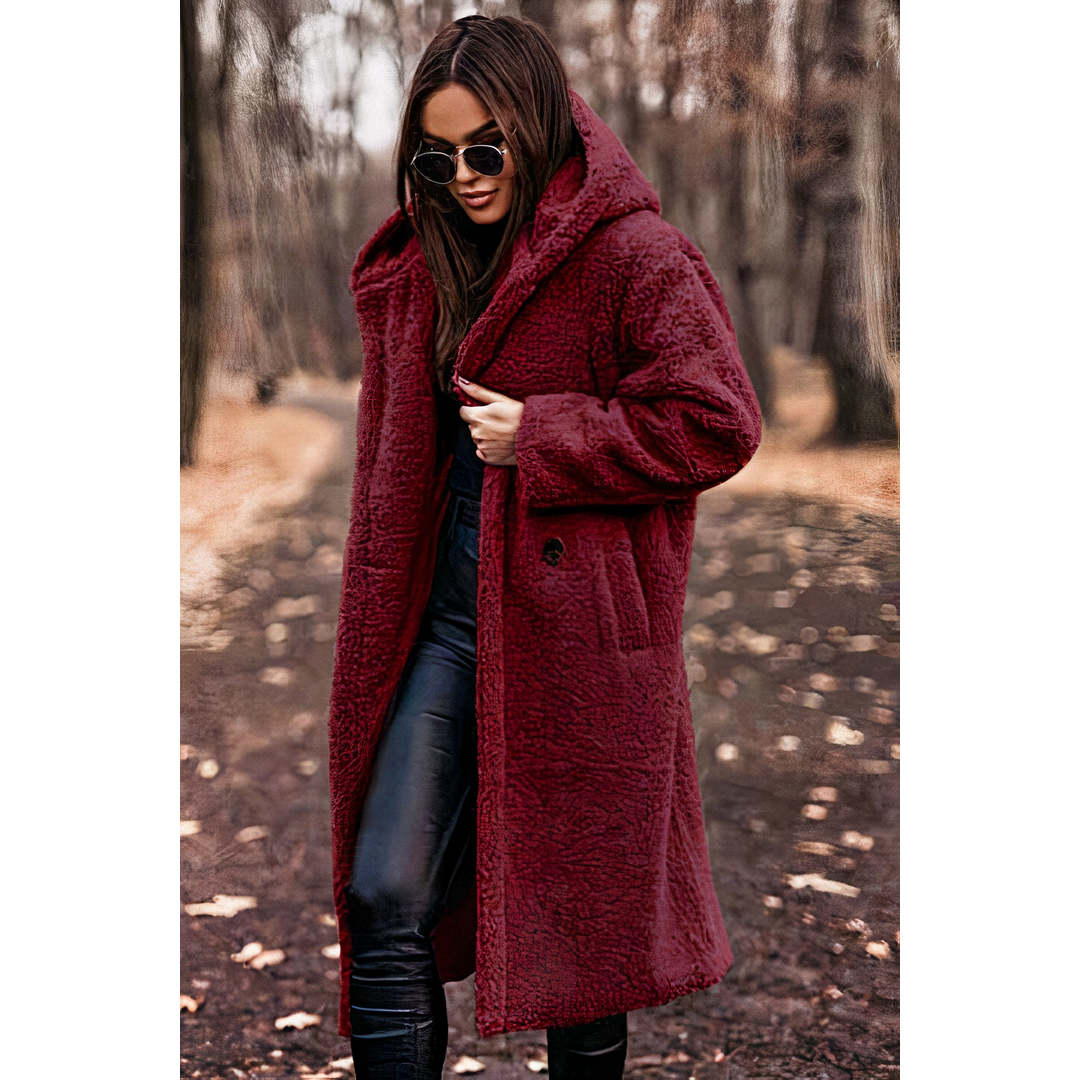 Women's Long Teddy Coat with Hood, Red – front view