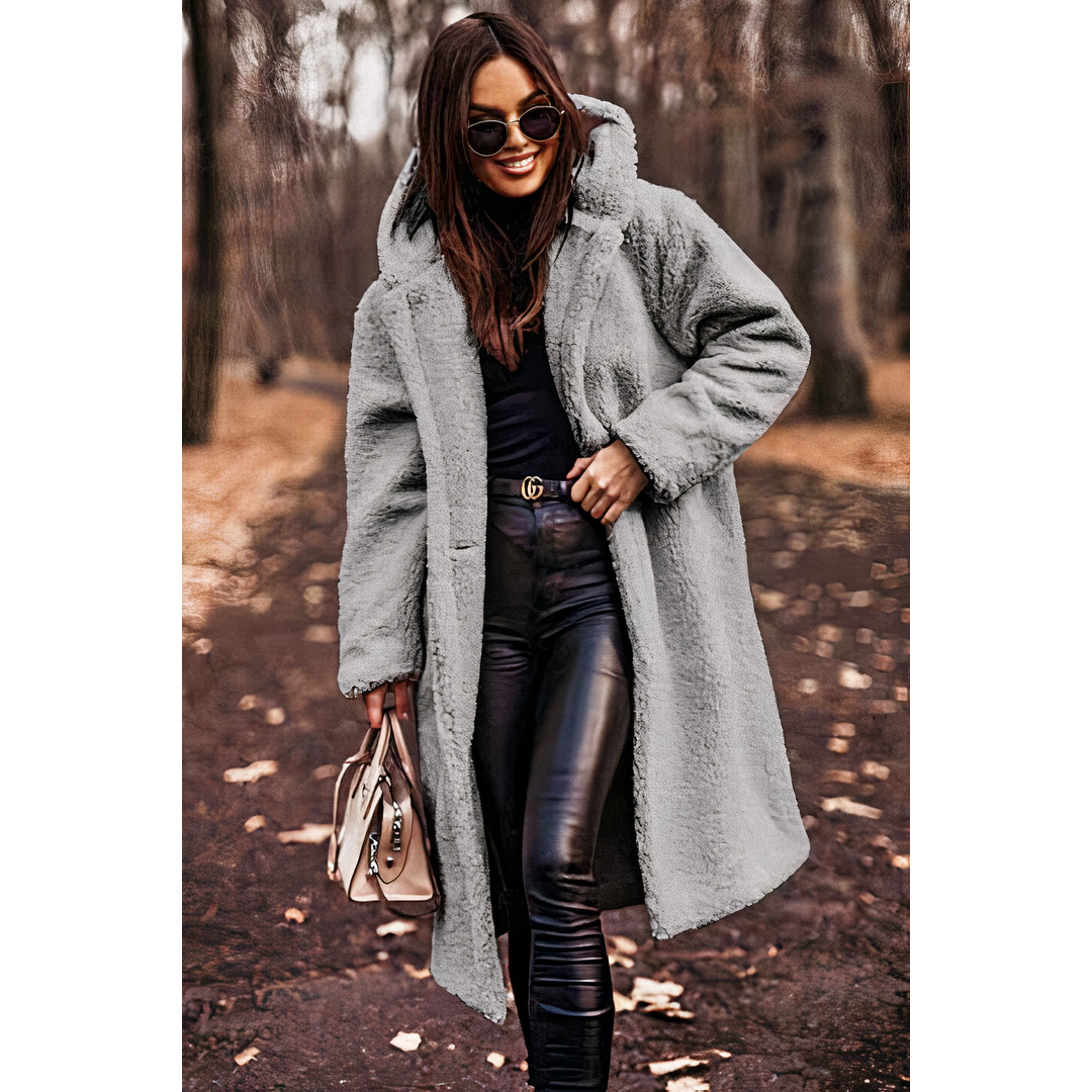Women's Long Teddy Coat with Hood, Gray – front view