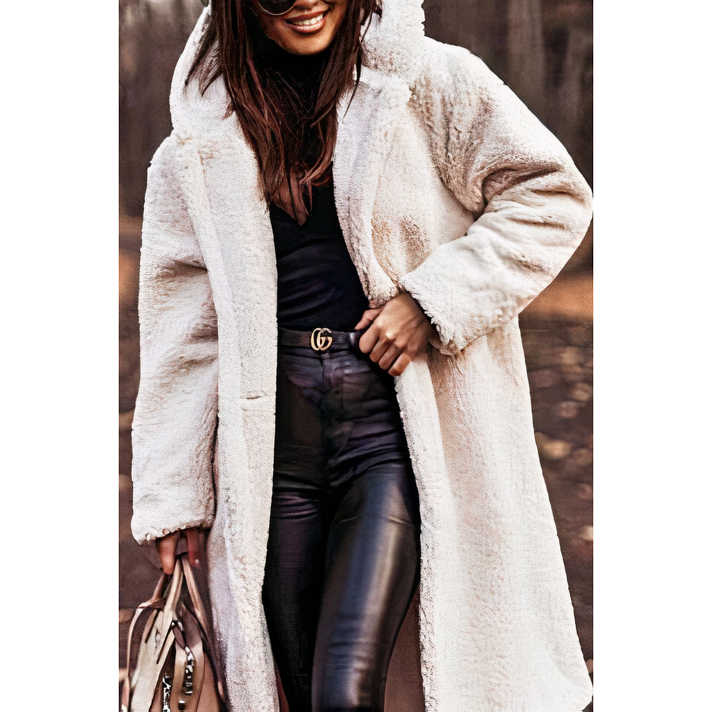 Women's Long Teddy Coat with Hood, White – front view