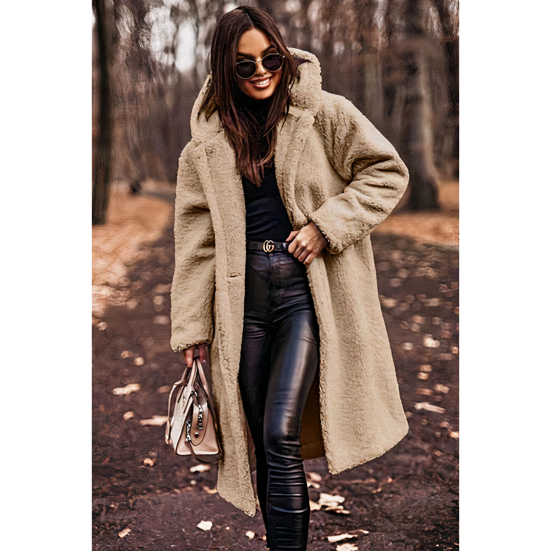 Women's Long Teddy Coat with Hood, Beige – front view