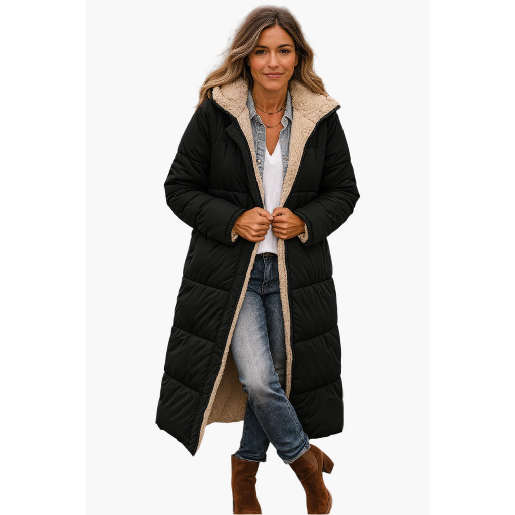 Women's Longline Hooded Puffer Coat, Black – front view