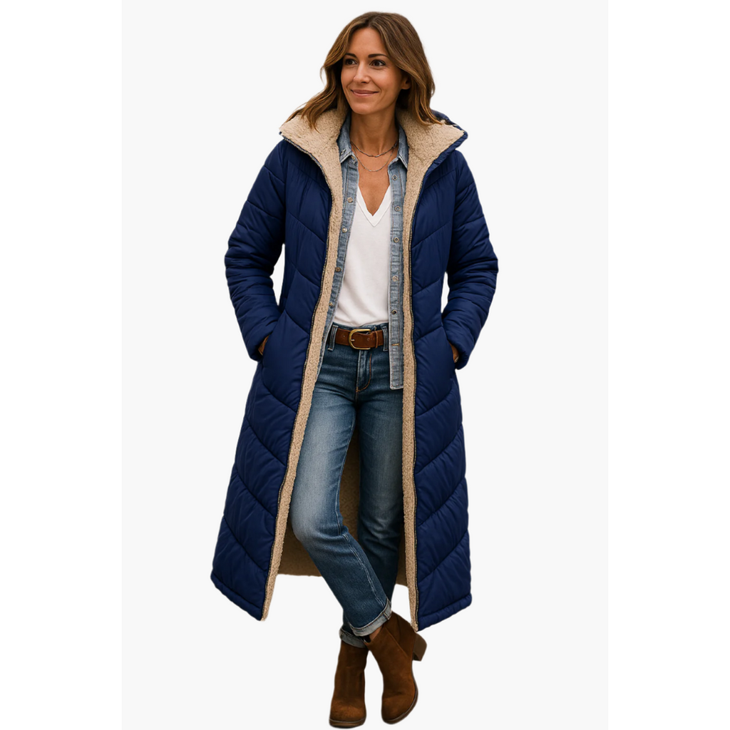 Women's Longline Hooded Puffer Coat, Navy Blue – front view