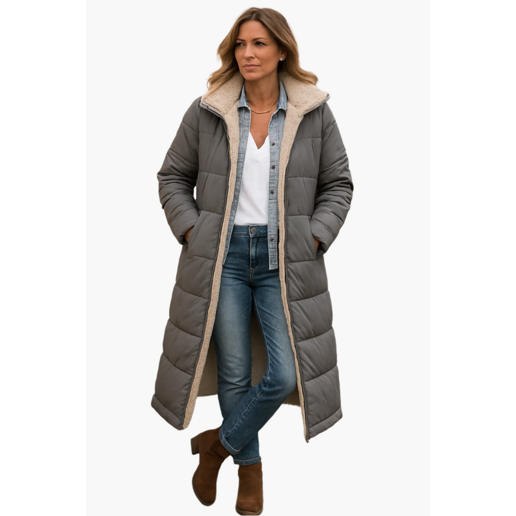 Women's Longline Hooded Puffer Coat, Gray – front view