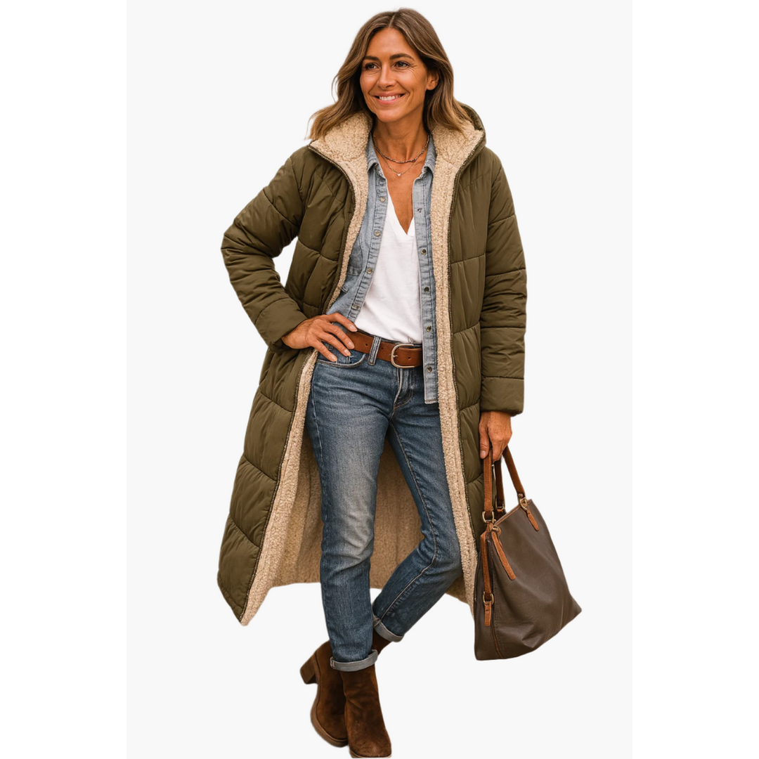 Women's Longline Hooded Puffer Coat, Army Green – front view