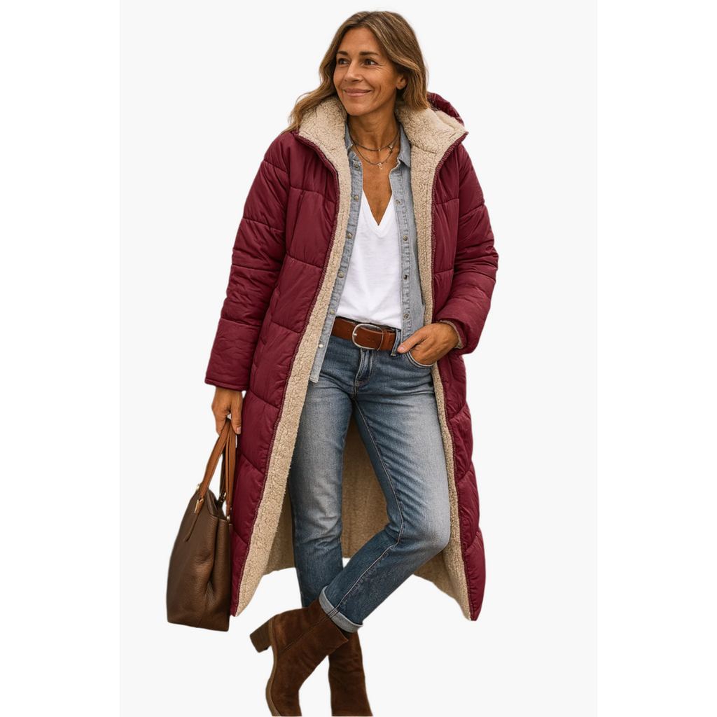 Women's Longline Hooded Puffer Coat, Wine Red – front view
