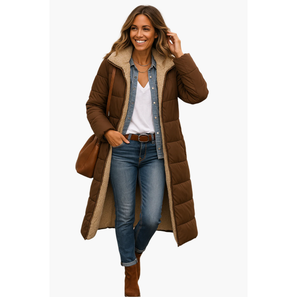 Women's Longline Hooded Puffer Coat, Brown – front view