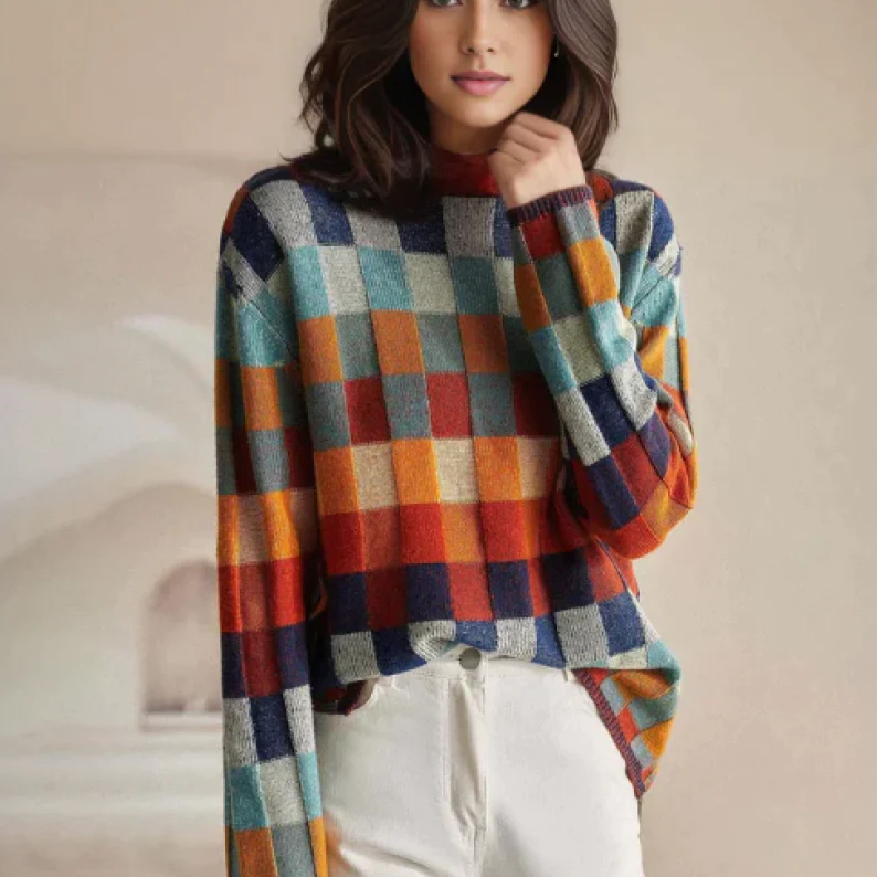 Women's Multicolor Check Turtleneck Sweater, Front view