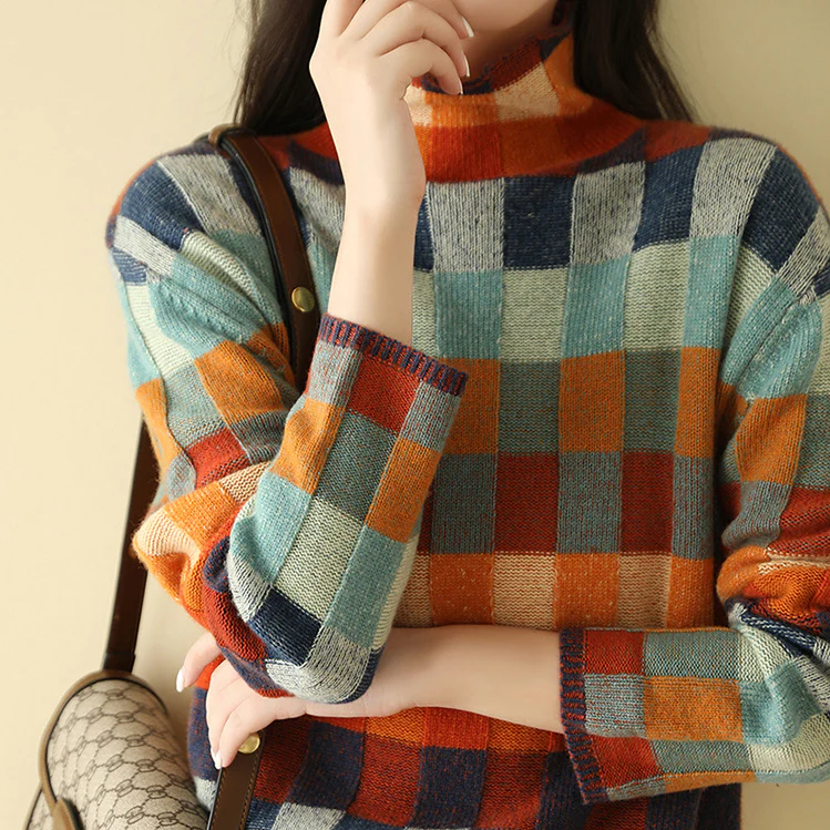 Women's Multicolor Check Turtleneck Sweater, Side view