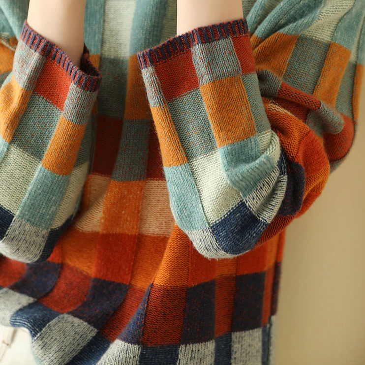 Women's Multicolor Check Turtleneck Sweater, Sleeve and collar detail