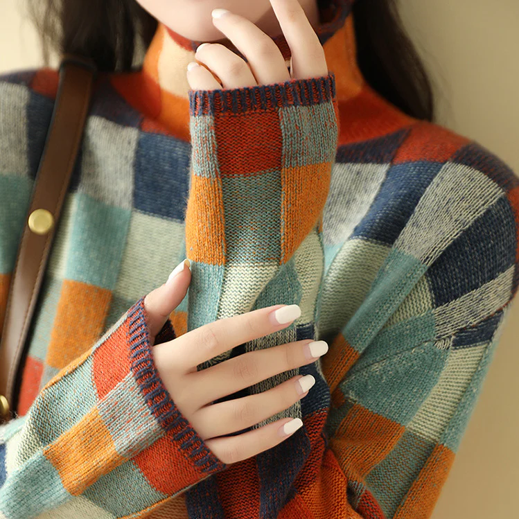 Women's Multicolor Check Turtleneck Sweater, Cuff detail