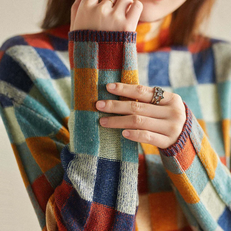 Women's Multicolor Check Turtleneck Sweater, Sleeve close-up