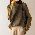 Women's Oversized Turtleneck Sweater with Orange Trim, Brown with Orange Trim – front view