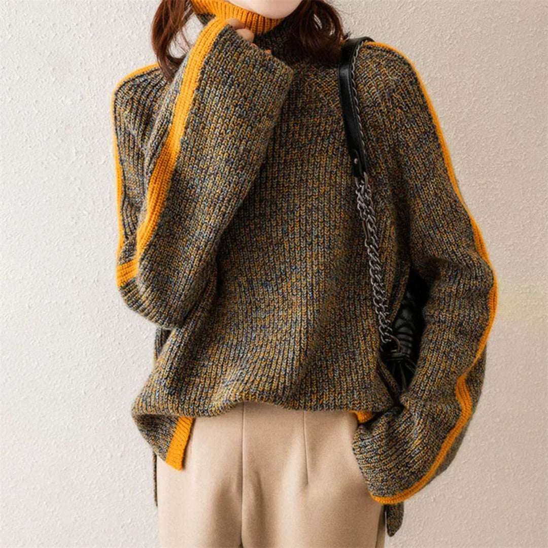 Women's Oversized Turtleneck Sweater with Orange Trim, Brown with Orange Trim – front view