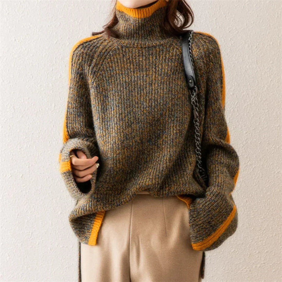 Women's Oversized Turtleneck Sweater with Orange Trim, Brown with Orange Trim – view 2
