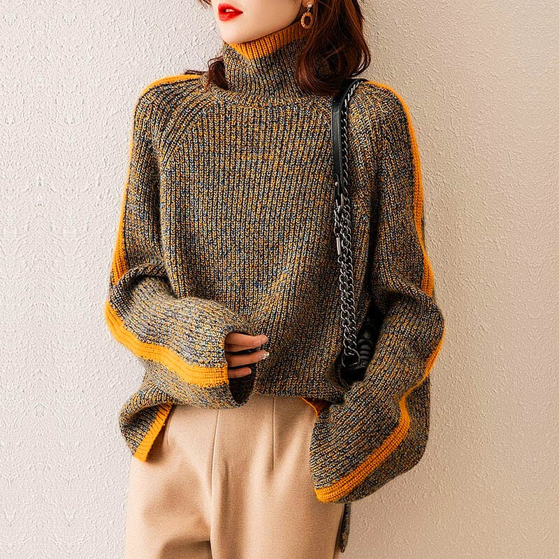 Women's Oversized Turtleneck Sweater with Orange Trim, Brown with Orange Trim – view 3