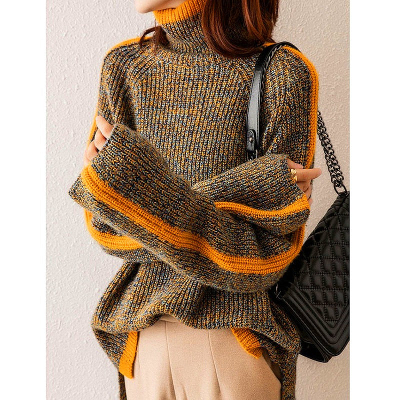 Women's Oversized Turtleneck Sweater with Orange Trim, Brown with Orange Trim – view 4
