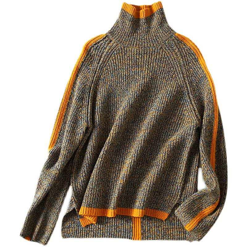 Women's Oversized Turtleneck Sweater with Orange Trim, Brown with Orange Trim – flat lay