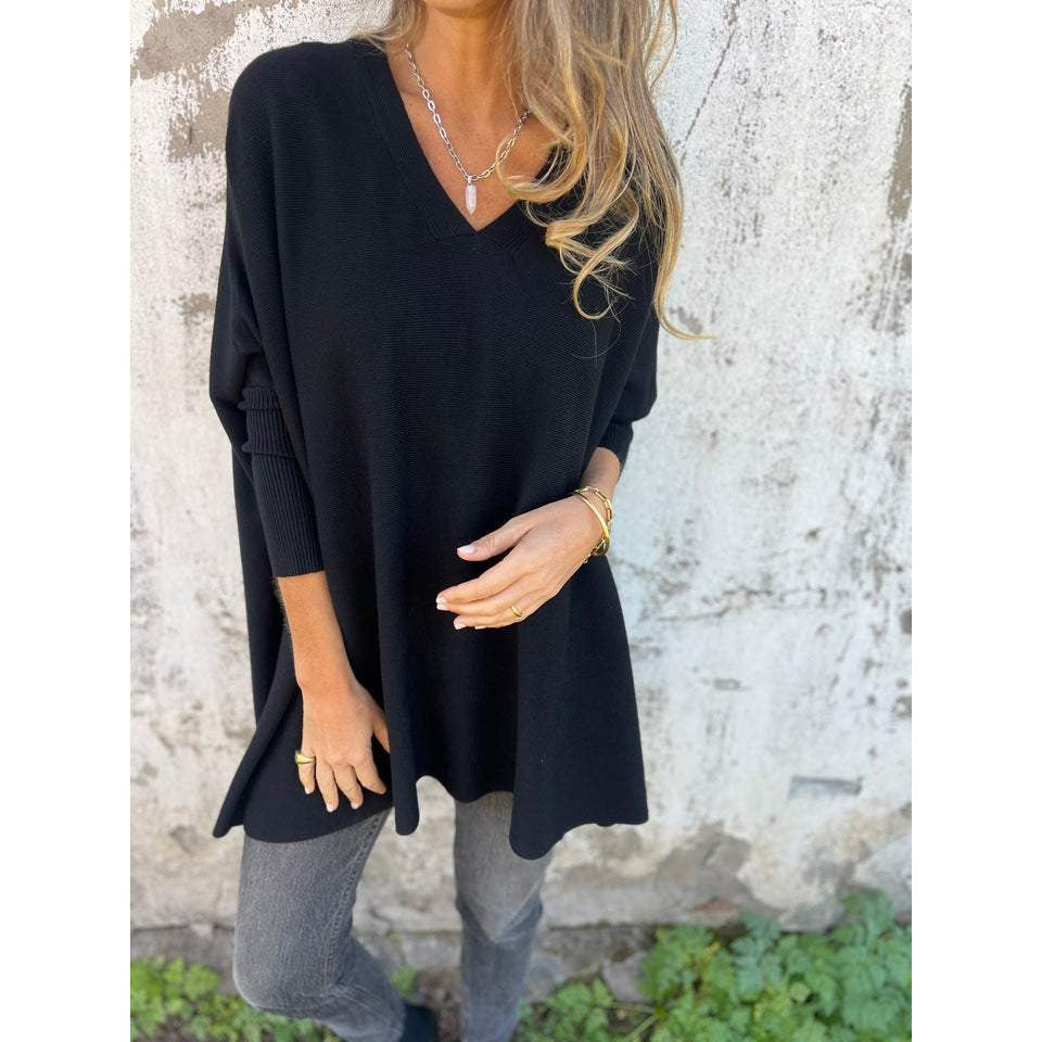Women's Oversized V-Neck Sweater, Black – front view