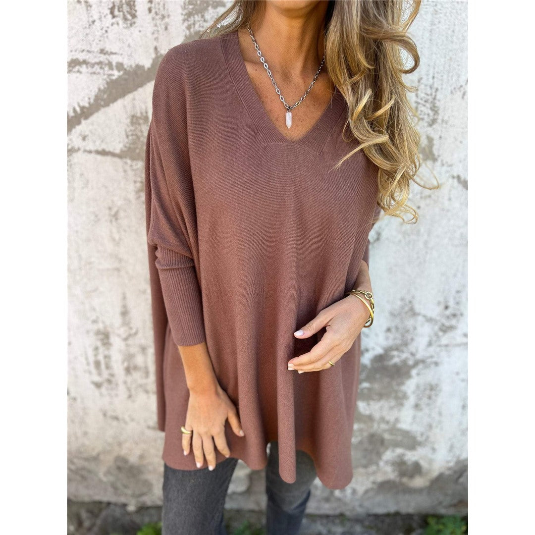 Women's Oversized V-Neck Sweater, Brown – front view