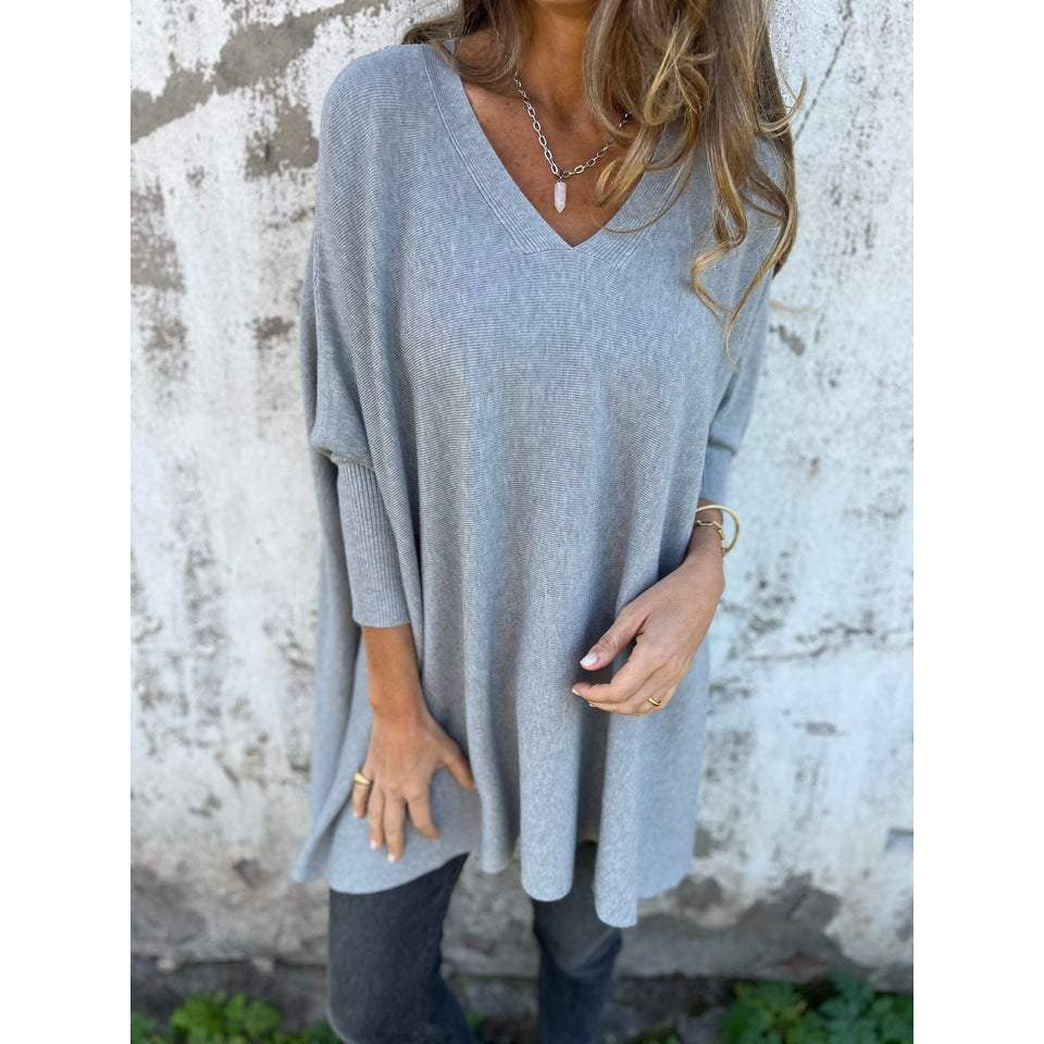Women's Oversized V-Neck Sweater, Gray – front view