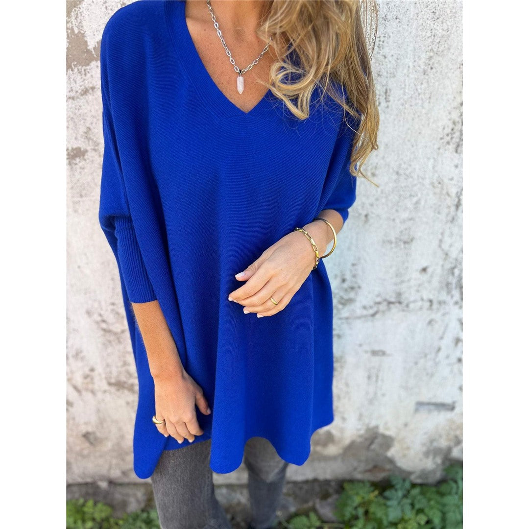 Women's Oversized V-Neck Sweater, Royal Blue – front view