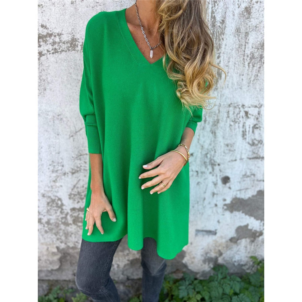 Women's Oversized V-Neck Sweater, Green – front view