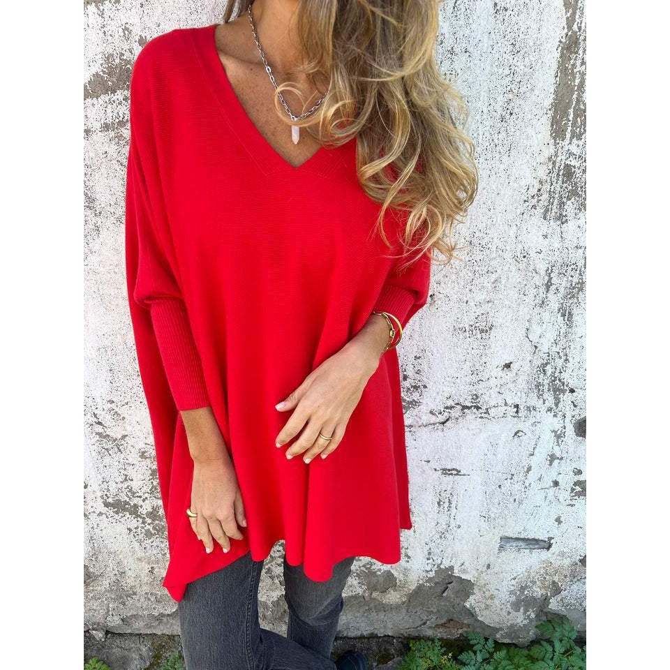 Women's Oversized V-Neck Sweater, Red – front view