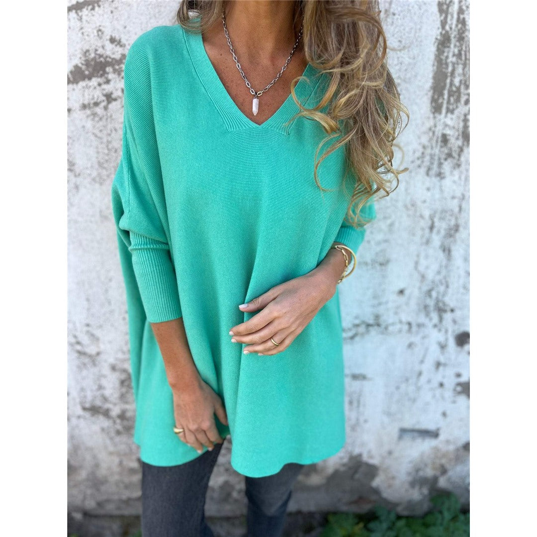 Women's Oversized V-Neck Sweater, Turquoise – front view