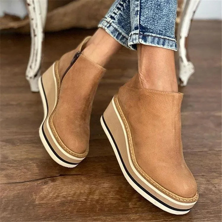 Women's Platform Wedge Ankle Boots, Beige – front view