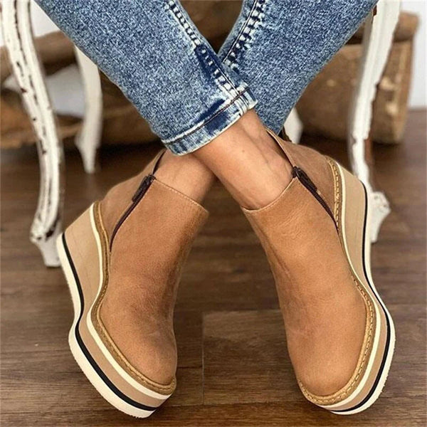 Women's Platform Wedge Ankle Boots, Beige – front view