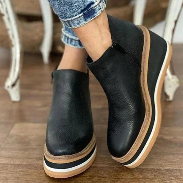 Women's Platform Wedge Ankle Boots, Black – front view