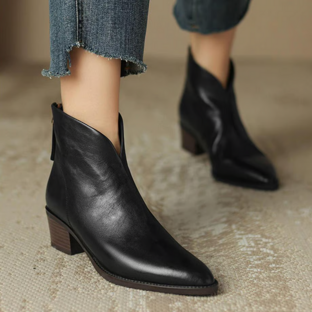Women's Pointed Toe Ankle Boots, Black – on foot front view