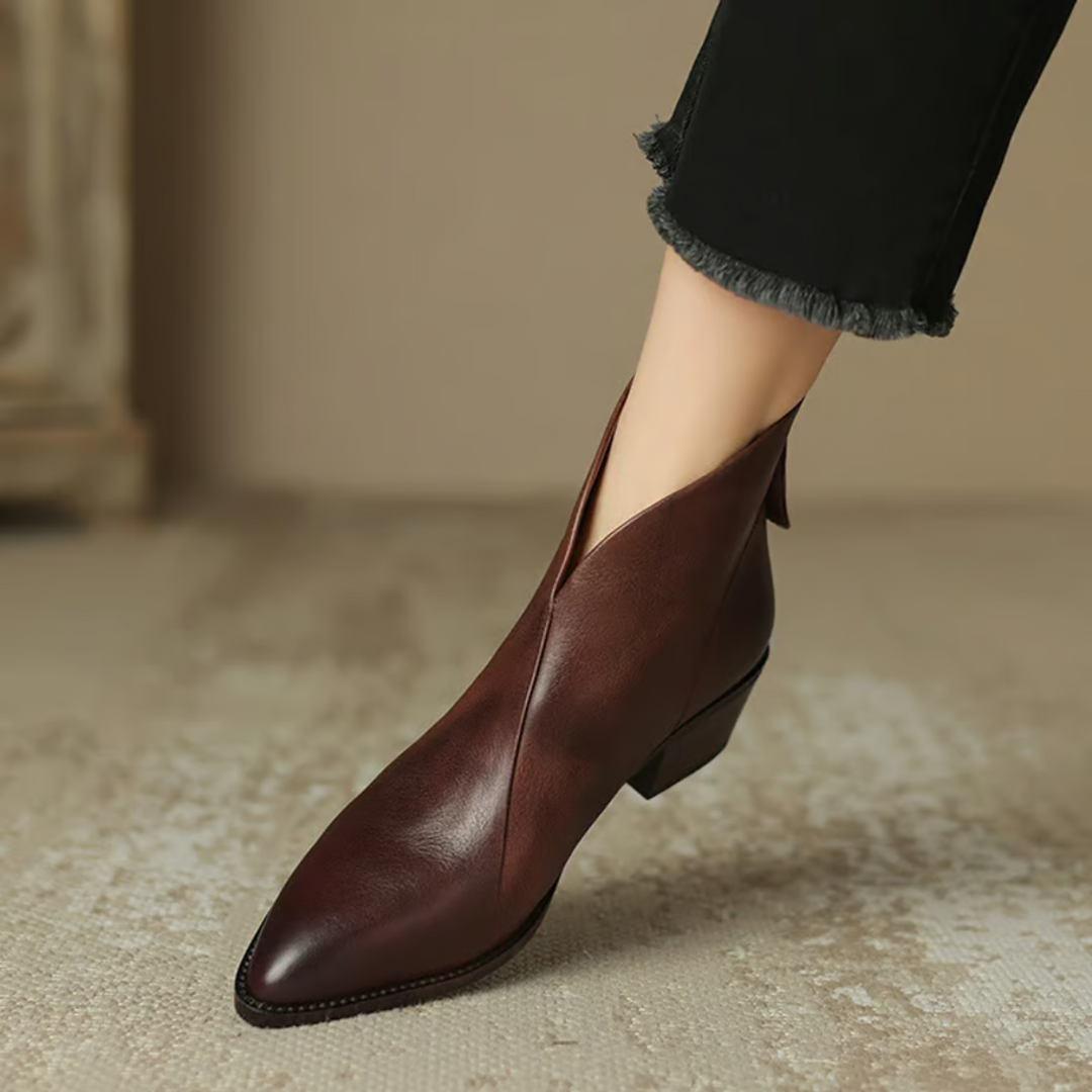 Women's Pointed Toe Ankle Boots, Brown – side view on foot