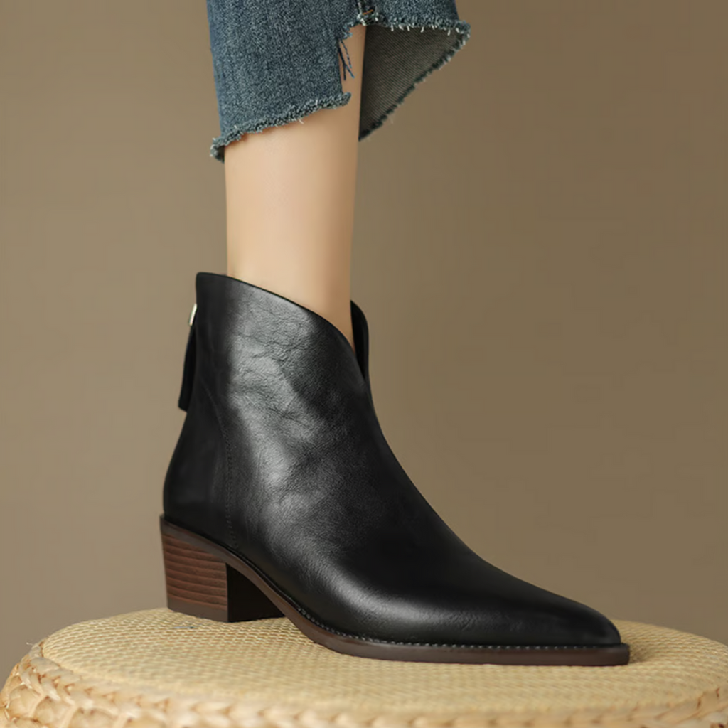 Women's Pointed Toe Ankle Boots, Black – side view on foot