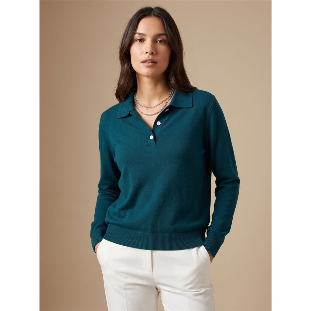Women's Polo Collar Knit Sweater, Teal – front view