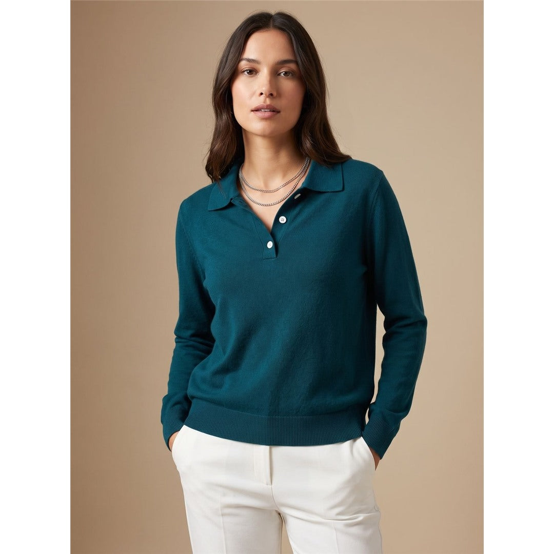 Women's Polo Collar Knit Sweater, Teal – front view