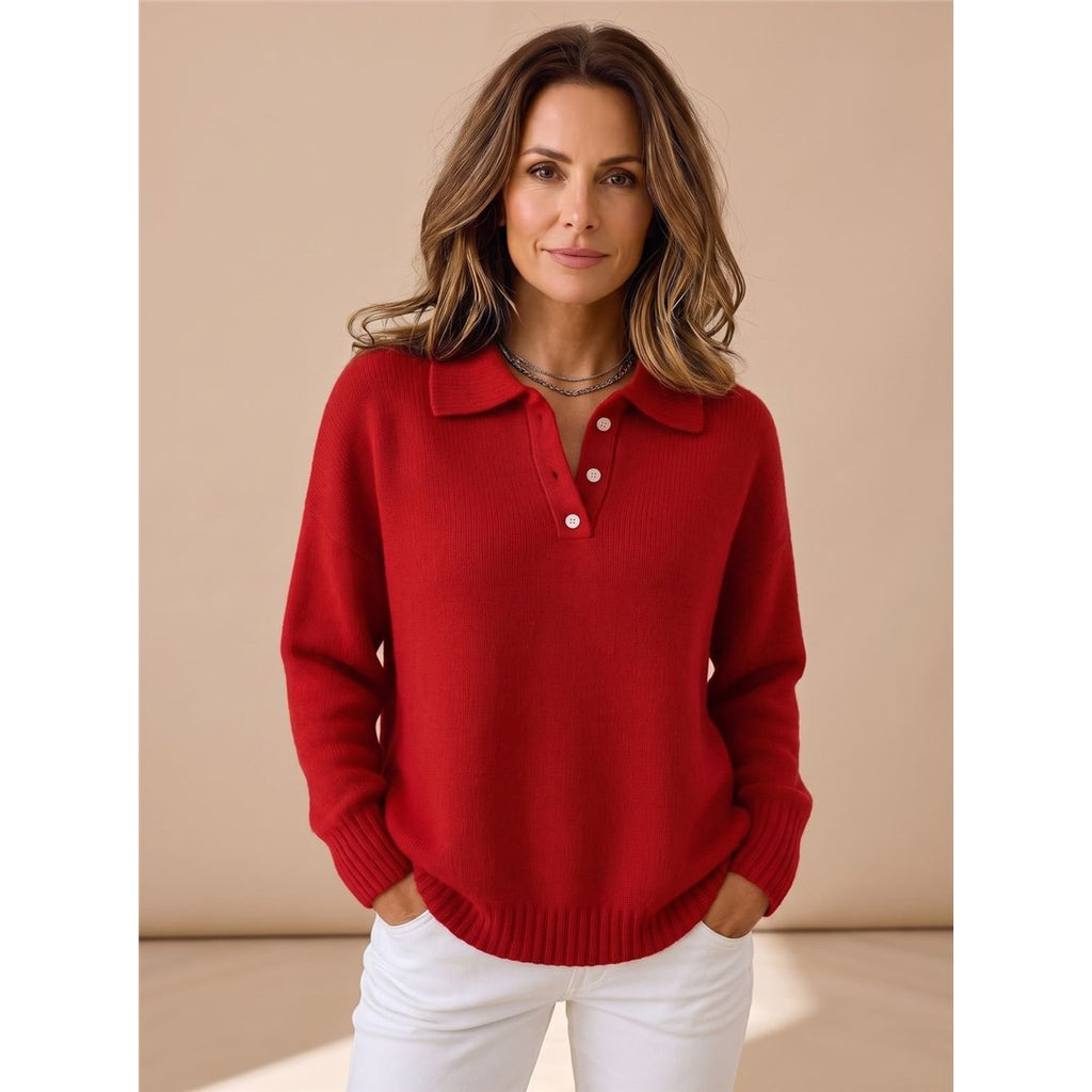 Women's Polo Collar Knit Sweater, Red – front view