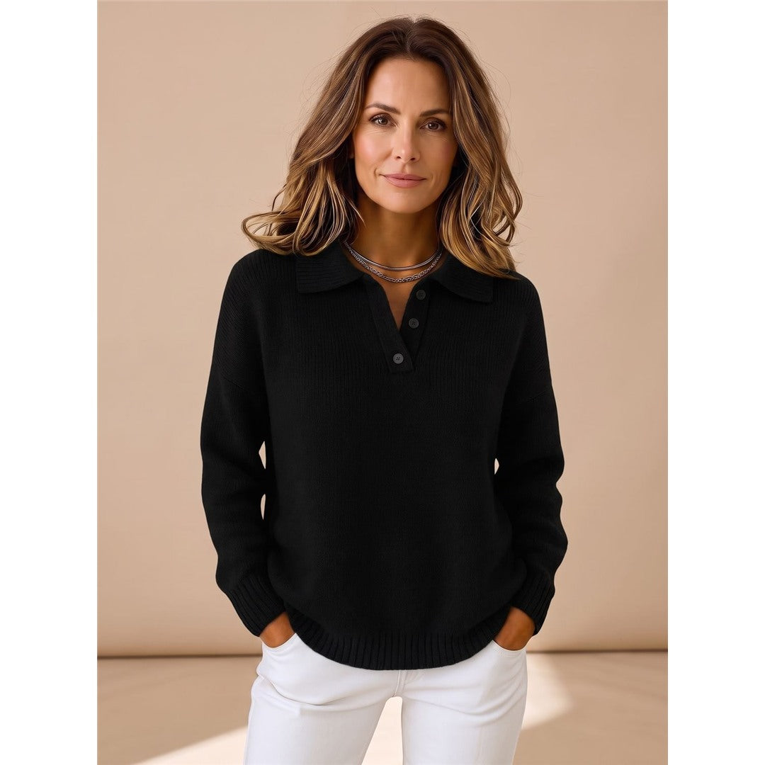 Women's Polo Collar Knit Sweater, Black – front view