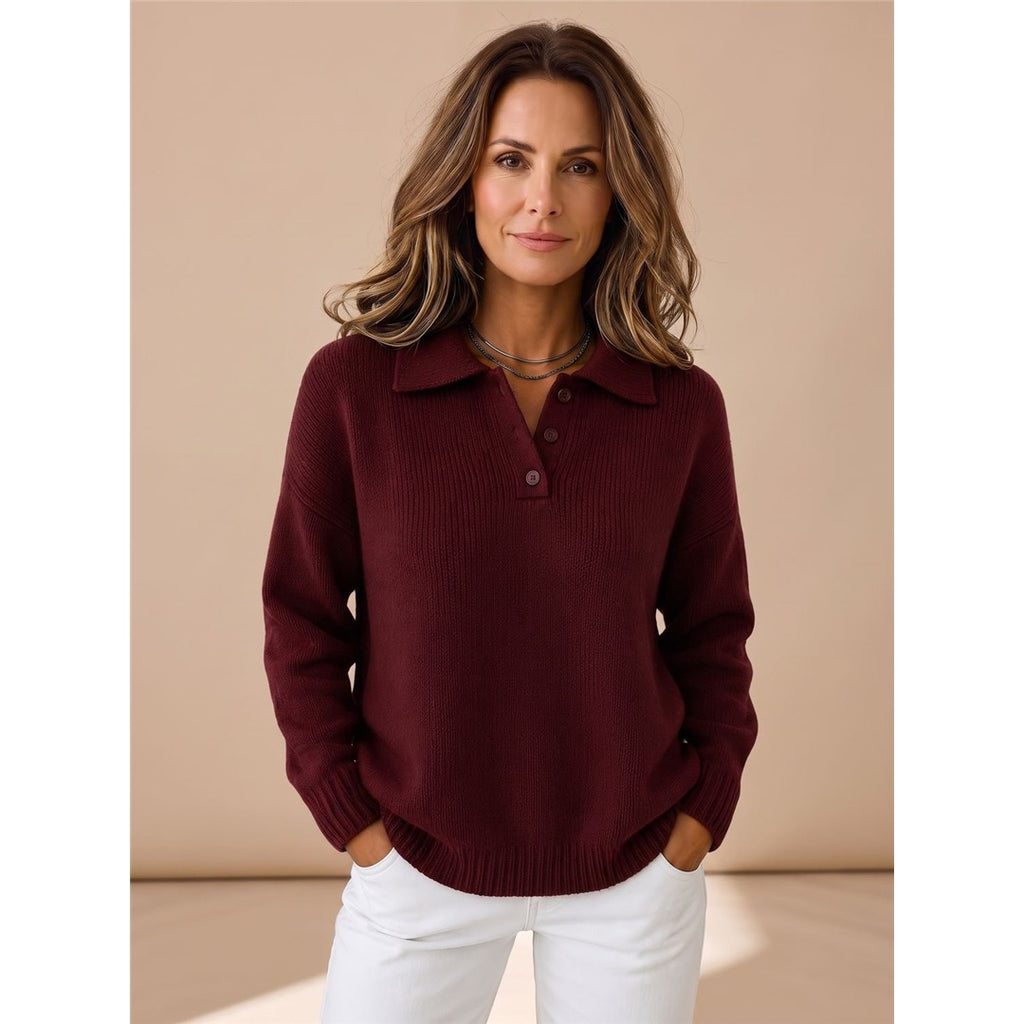 Women's Polo Collar Knit Sweater, Burgundy – front view