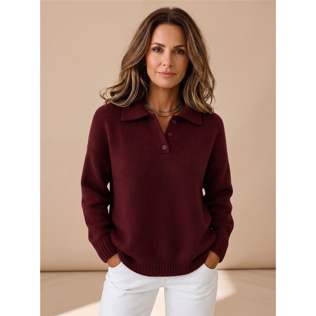 Women's Polo Collar Knit Sweater, Burgundy – front view