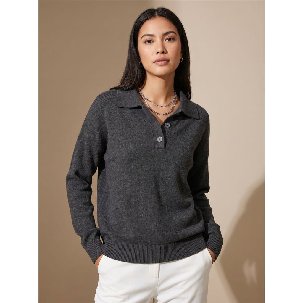 Women's Polo Collar Knit Sweater, Dark Gray – front view