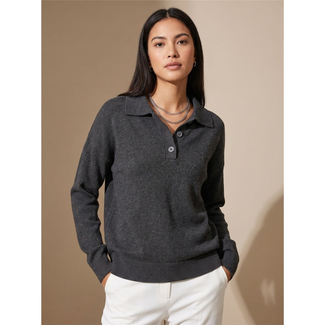 Women's Polo Collar Knit Sweater, Dark Gray – front view