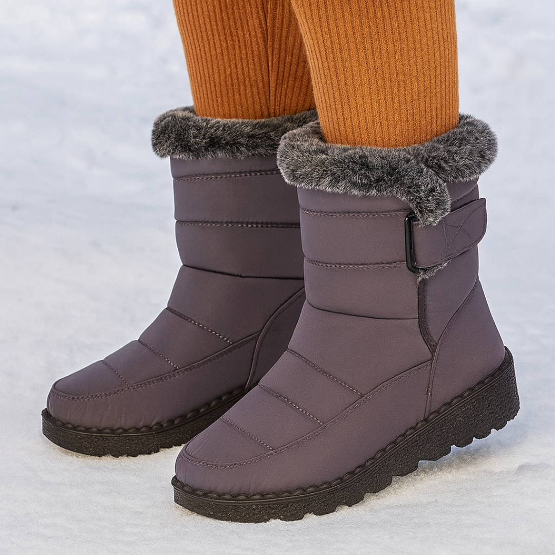 Women's Quilted Winter Boots with Plush Trim, Gray – front view