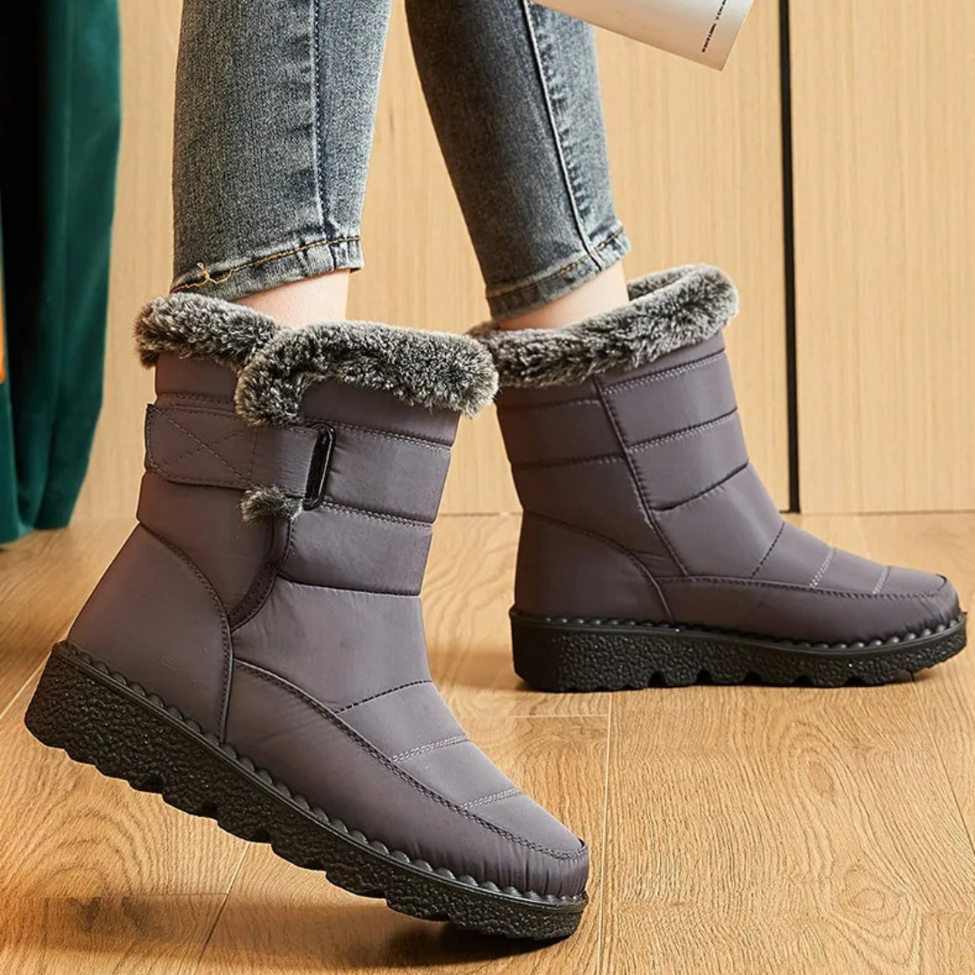 Women's Quilted Winter Boots with Plush Trim, Gray – on foot view