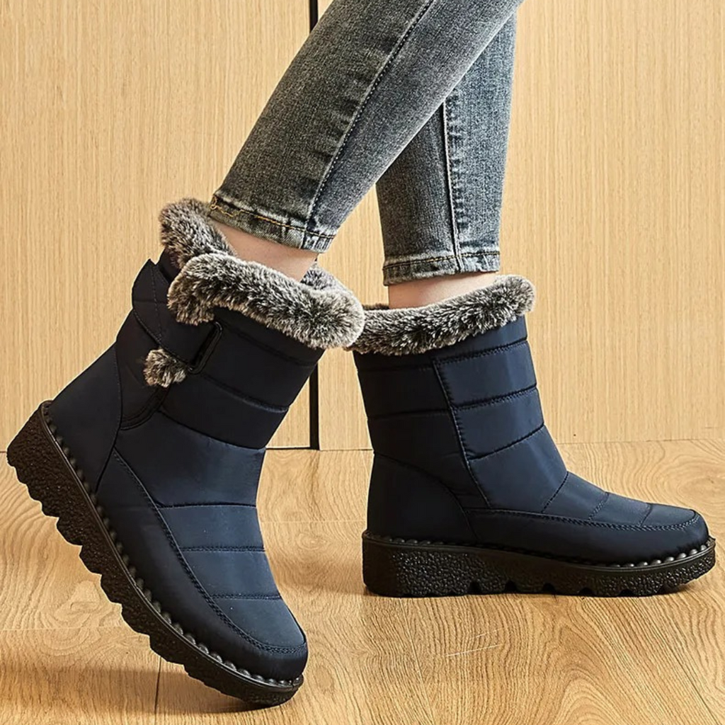 Women's Quilted Winter Boots with Plush Trim, Blue – on foot view